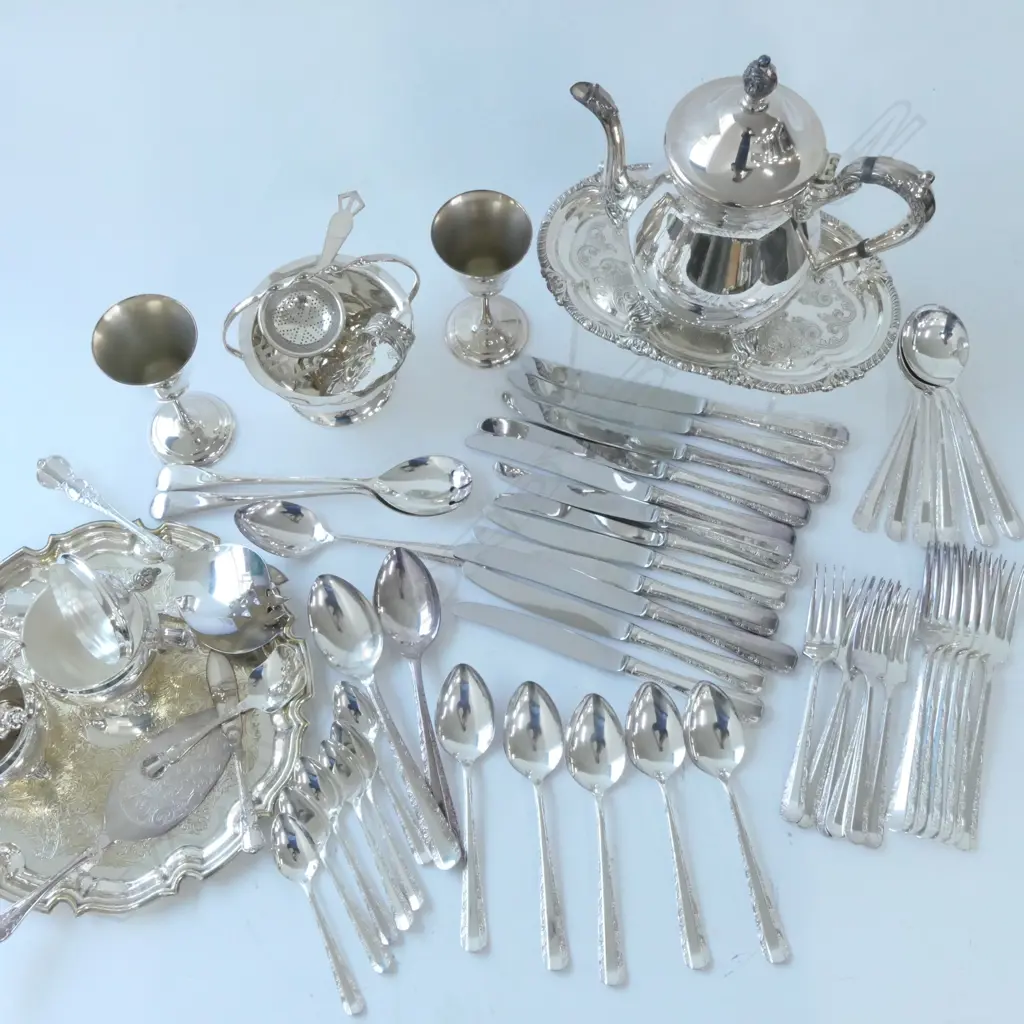 LOT ASST EPNS; RODD CUTLERY, COFFEE POT, TRAYS ETC Image 1++