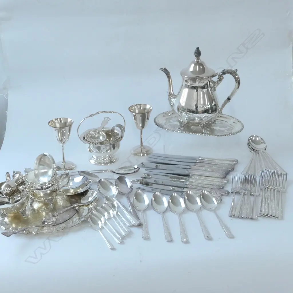 LOT ASST EPNS; RODD CUTLERY, COFFEE POT, TRAYS ETC Image 1++