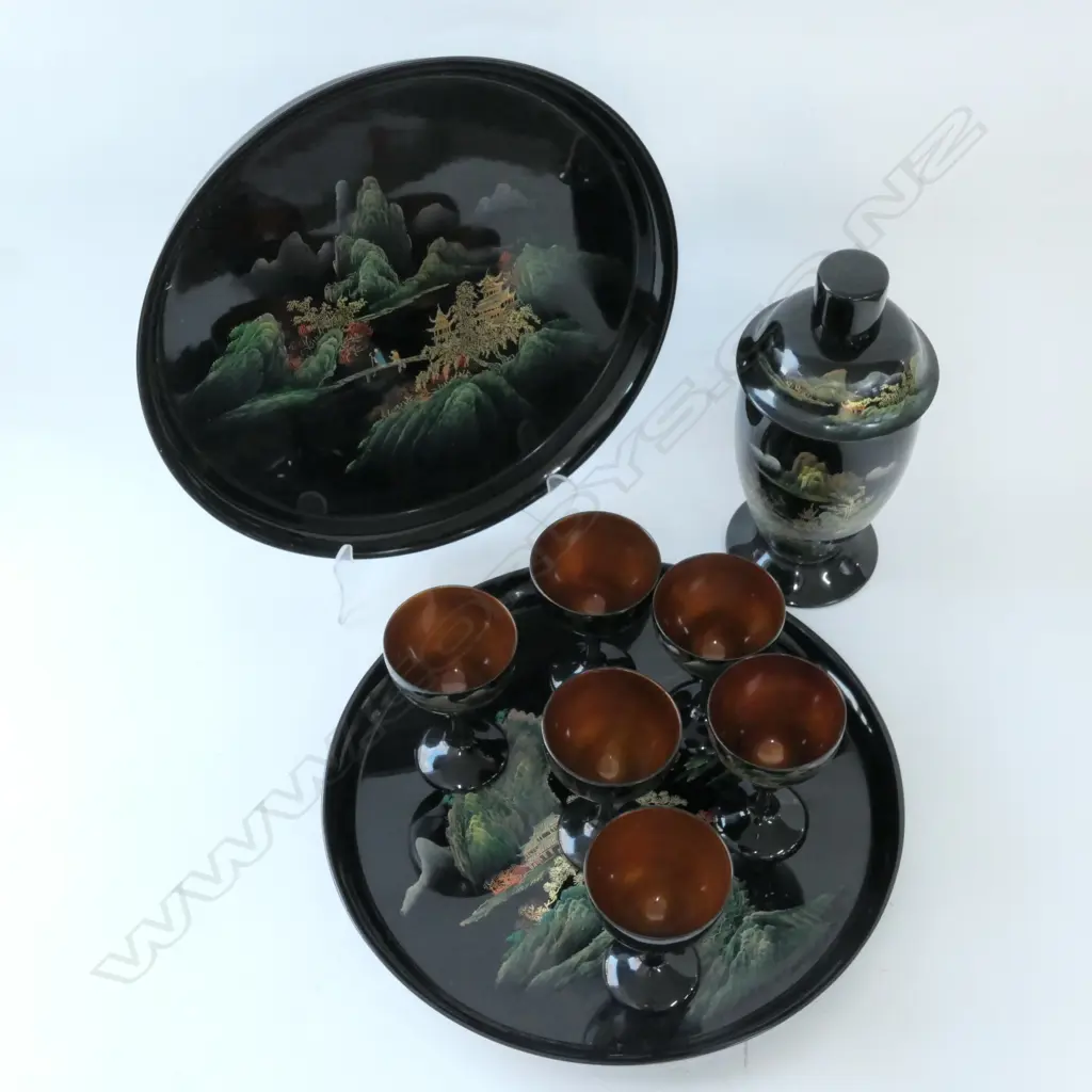 BOX LOT CHINESE LACQUER WARE; TWO TRAYS, COCKTAIL SHAKER, AND 6 GLASSES Image 1++