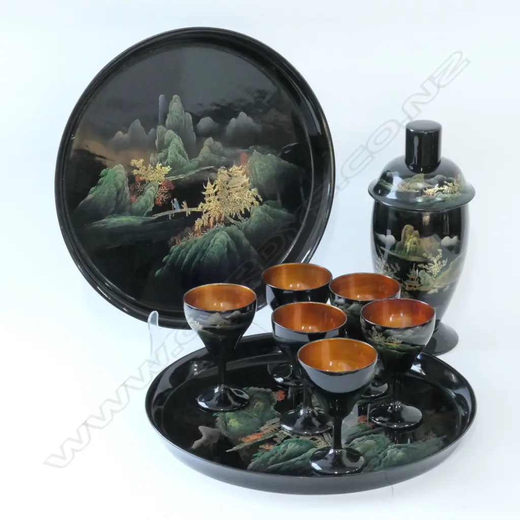BOX LOT CHINESE LACQUER WARE; TWO TRAYS, COCKTAIL SHAKER, AND 6 GLASSES Image 1++