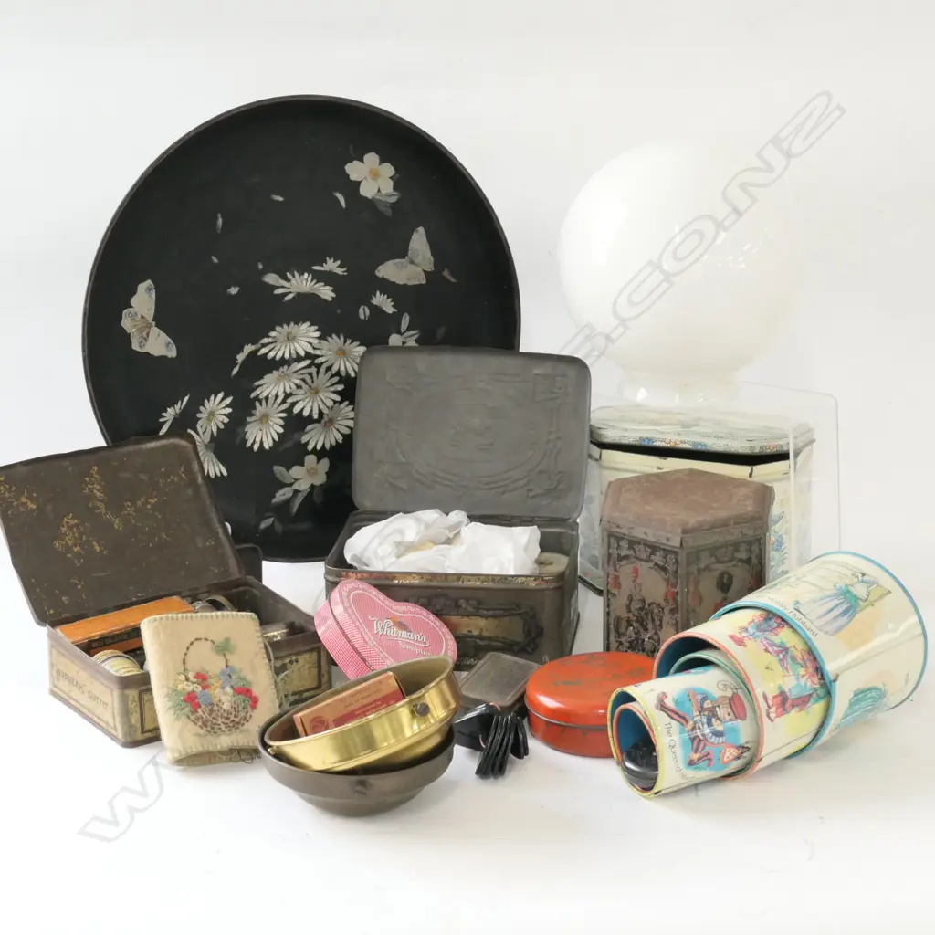 LOT ASST TINS W/ SEWING MISC / TRAY / LAMPSHADE ETC Image 1++