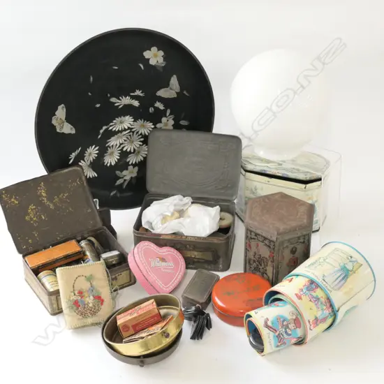 LOT ASST TINS W/ SEWING MISC / TRAY / LAMPSHADE ETC