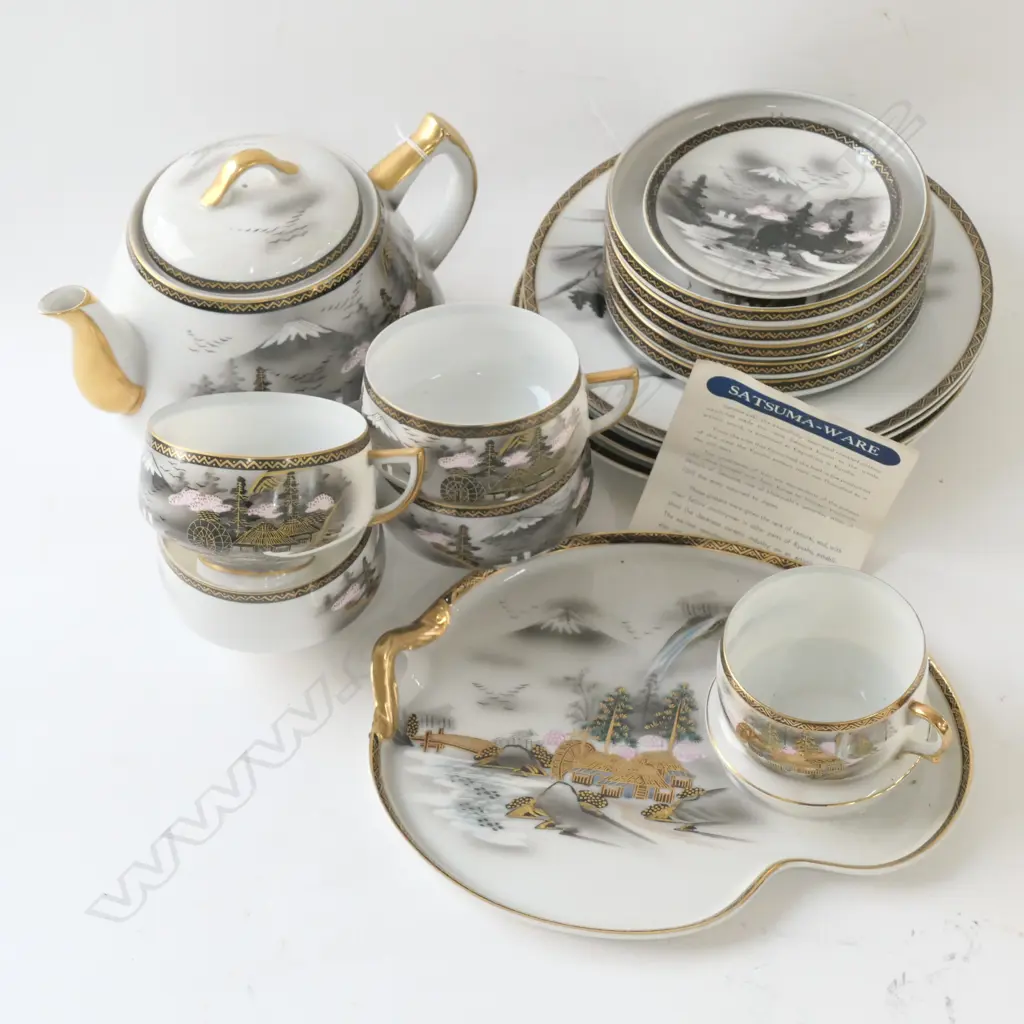 16 PIECE JAPANESE SATSUMAWARE; 1 TEAPOT, 4 CUPS, 1 SANDWICH SET, 5 SAUCERS, 4 SIDE PLATES, PIN DISH Image 1++