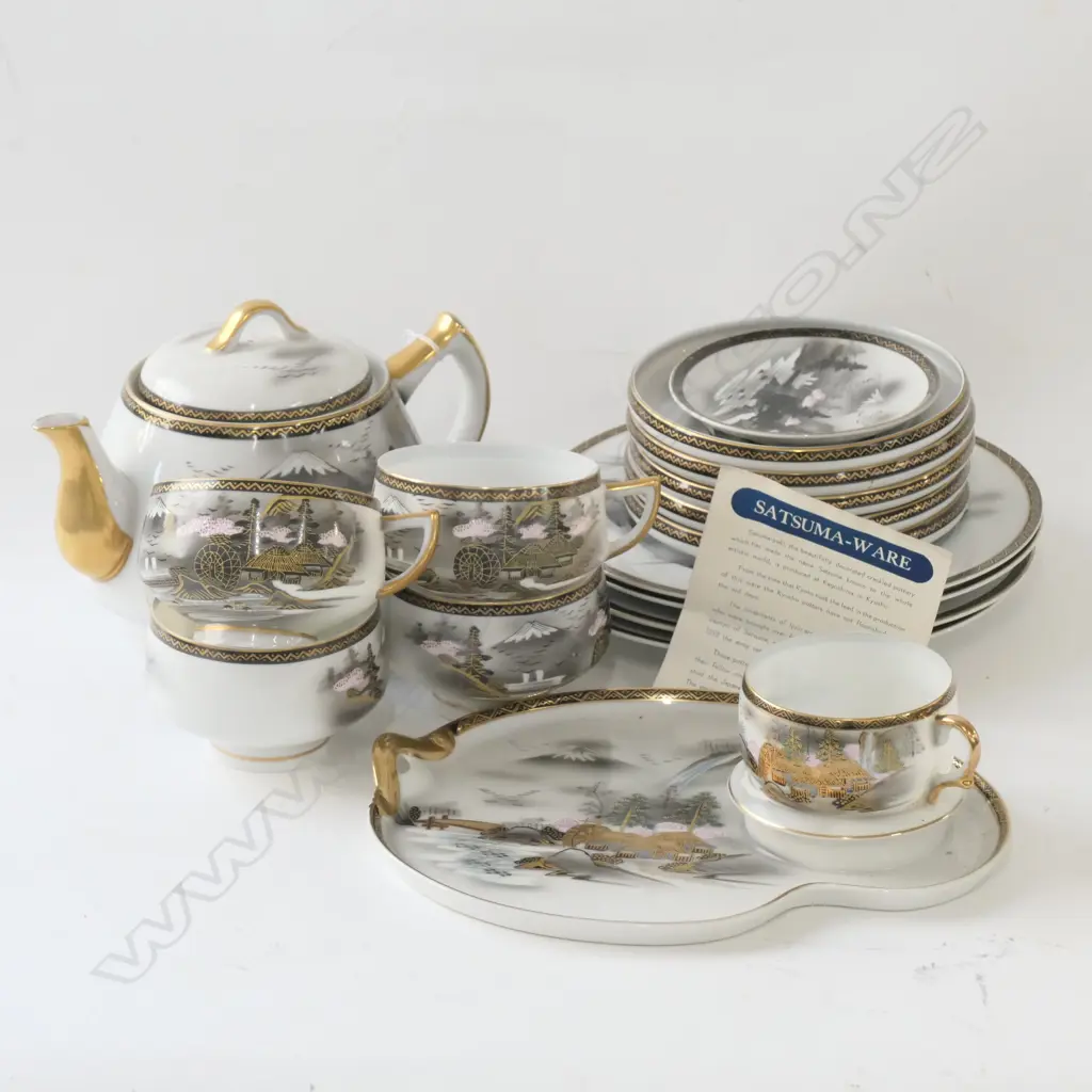 16 PIECE JAPANESE SATSUMAWARE; 1 TEAPOT, 4 CUPS, 1 SANDWICH SET, 5 SAUCERS, 4 SIDE PLATES, PIN DISH Image 1++