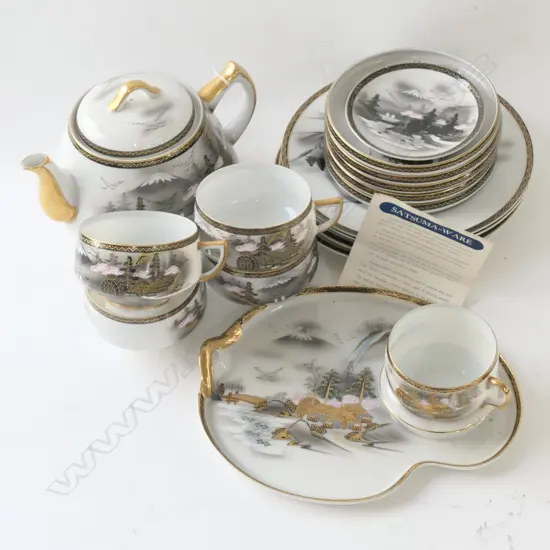 16 PIECE JAPANESE SATSUMAWARE; 1 TEAPOT, 4 CUPS, 1 SANDWICH SET, 5 SAUCERS, 4 SIDE PLATES, PIN DISH