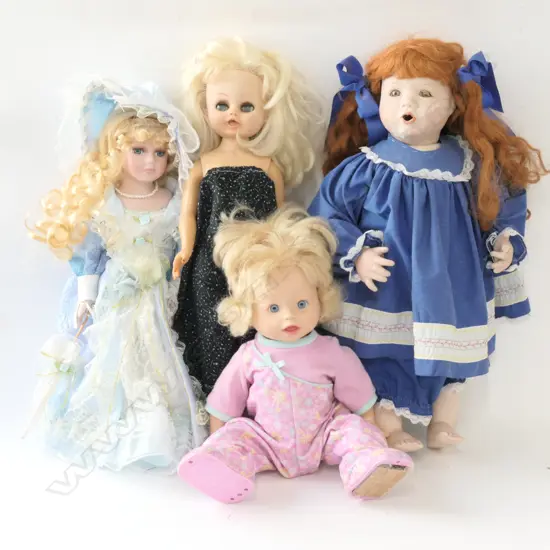 4 MODERN DOLLS PORCELAIN AND HARD RUBBER