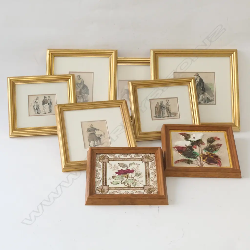 LOT ASST ANTIQUE HAND CLOURED PRINTS + 2 FRAMED TILES Image 1++