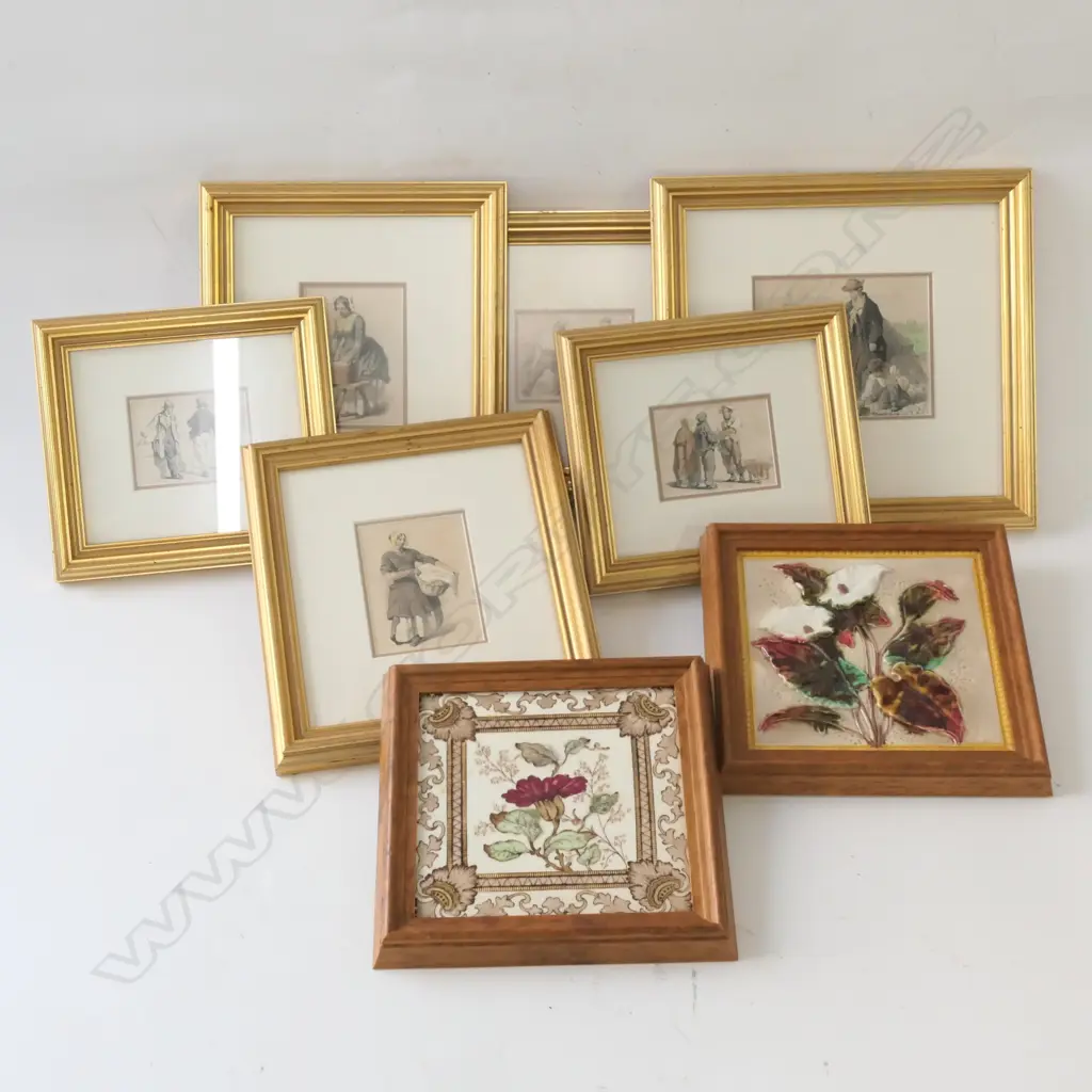 LOT ASST ANTIQUE HAND CLOURED PRINTS + 2 FRAMED TILES Image 1++