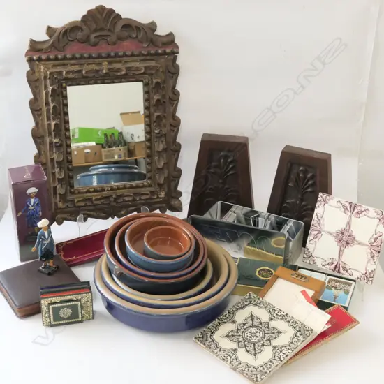 BOX OF PLAYING CARDS, TILES, MIRROR ETC