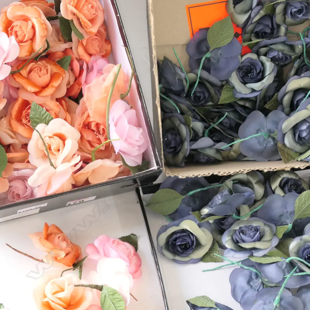 2 BOXES ARTIFICIAL FLOWERS ROSES BLUE & ORANGE Image 1++