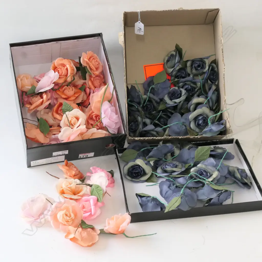 2 BOXES ARTIFICIAL FLOWERS ROSES BLUE & ORANGE Image 1++