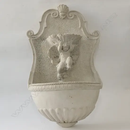 STONEWARE CAST FONT CHERUB & SHIELD BACK H.660mm