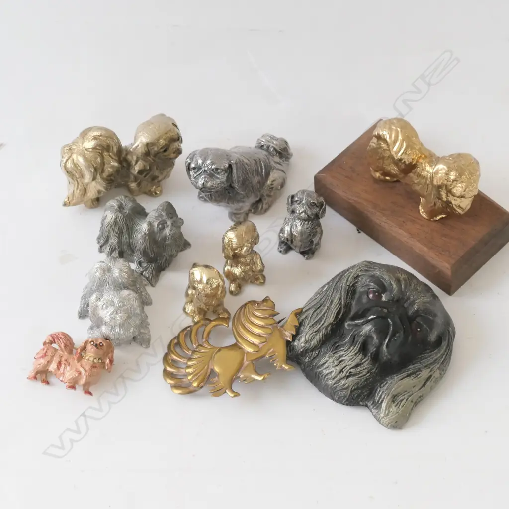 LOT ASST PEKINGESE COLLECTABLES, CAST PEWTER FIGURES, BROOCH Image 1++