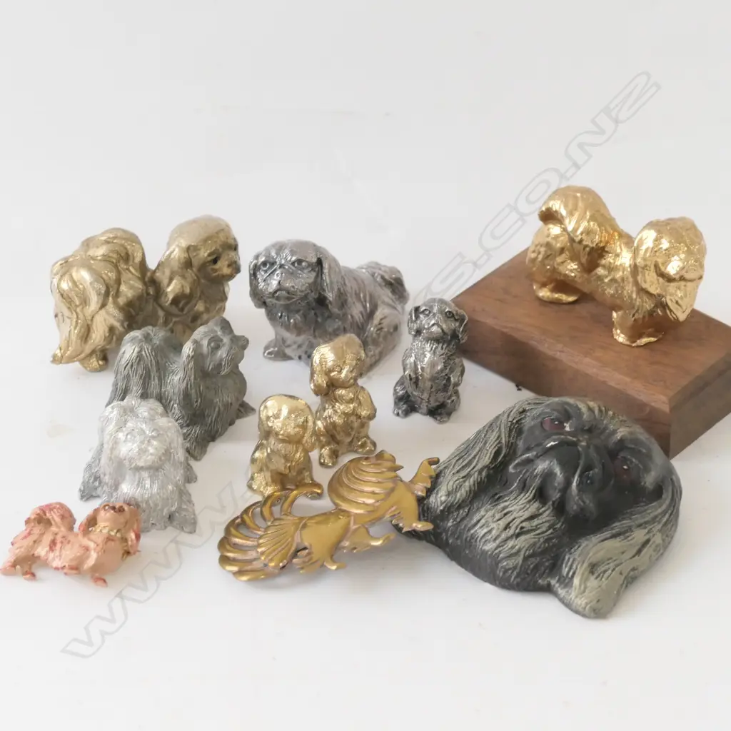 LOT ASST PEKINGESE COLLECTABLES, CAST PEWTER FIGURES, BROOCH Image 1++