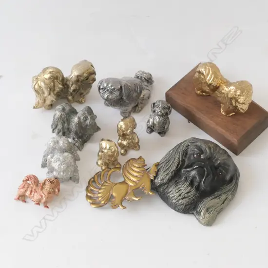 LOT ASST PEKINGESE COLLECTABLES, CAST PEWTER FIGURES, BROOCH