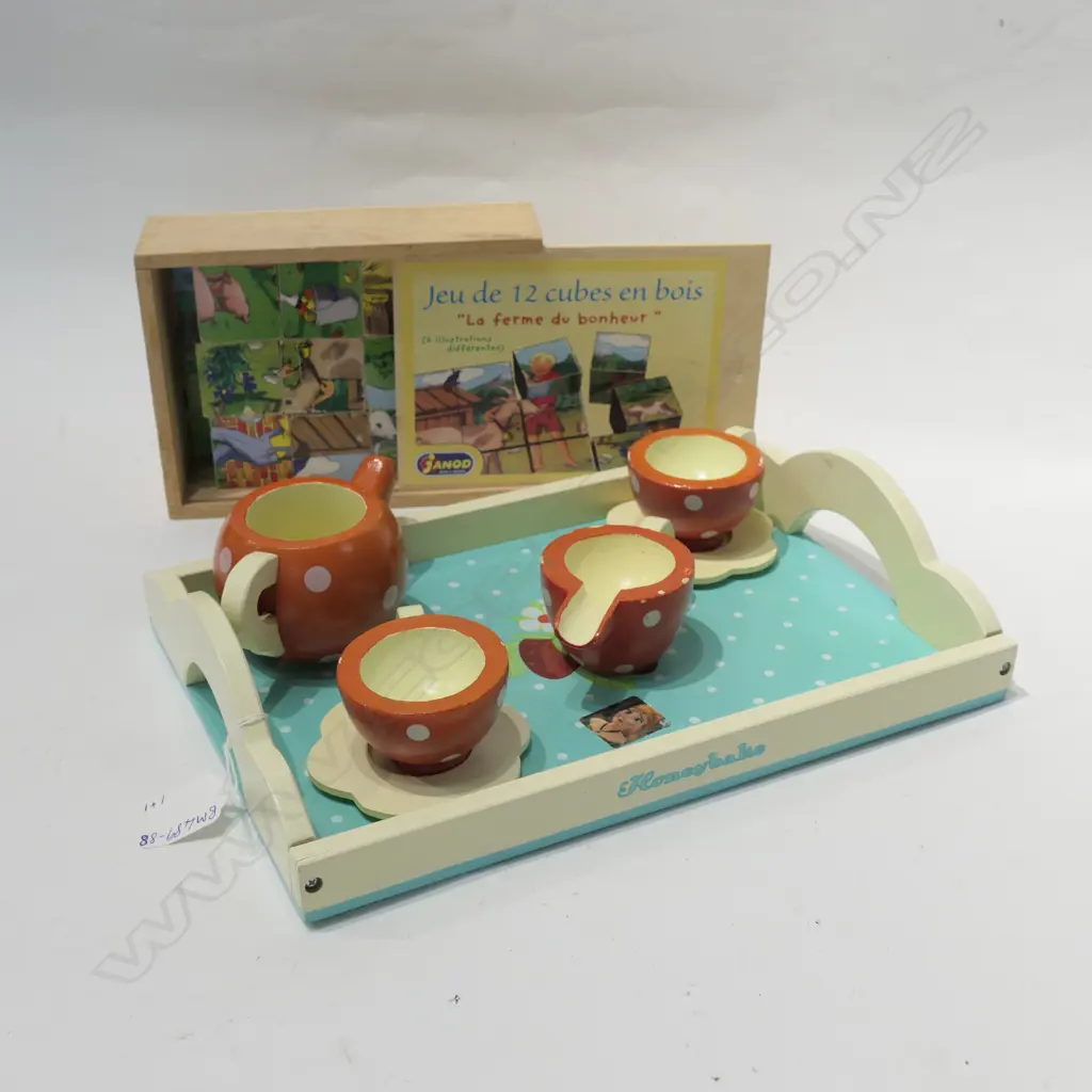 CHILDS WOODEN TEA SET; CHILDS FRENCH WOODEN FARM SCENE BLOCKS Image 1++