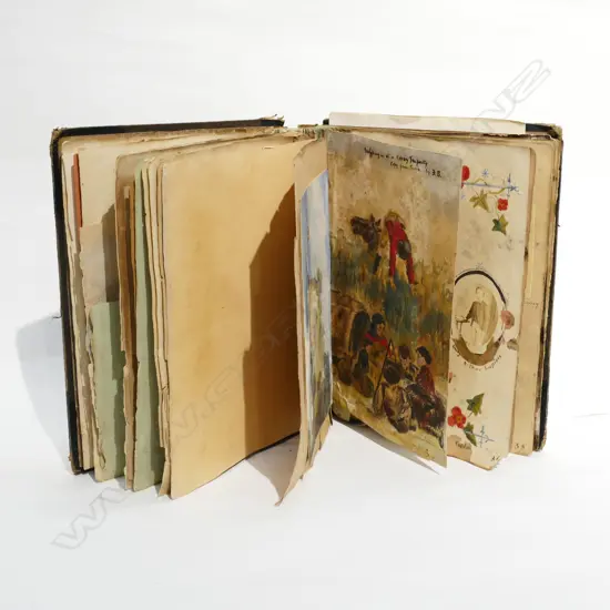 ANTIQUE SCRAPBOOK W/ W/C'S SKETCHES ETC INSCRIBED 'ROWENA WILLIAMS FAIRFIELD 1870 - FROM GEORGE' 300 X 240