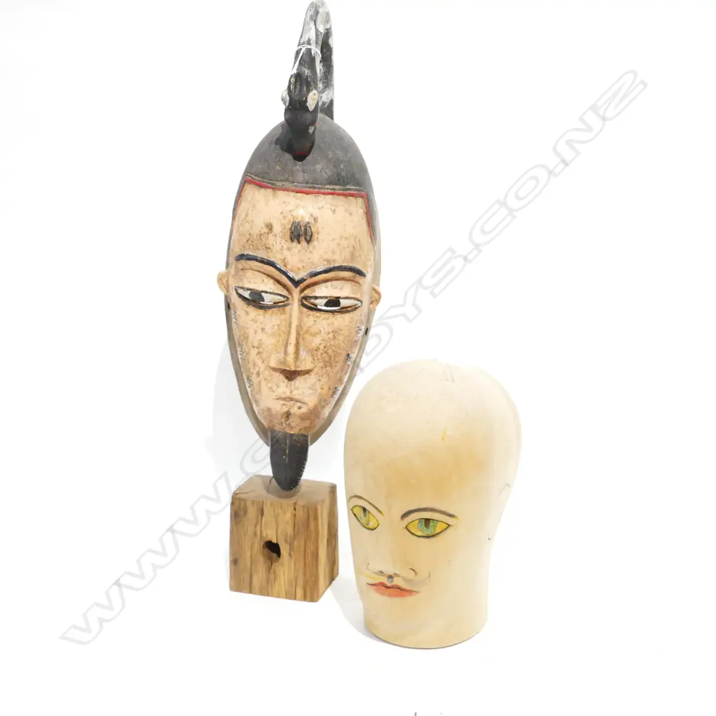 CARVED + PAINTED WOODEN FACE MASK ON STAND H. 570 + WOODEN HAT STAND Image 1++