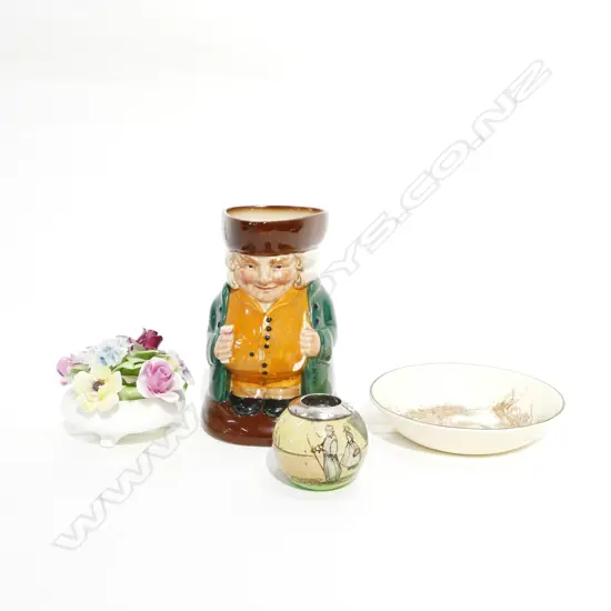 4 PIECES ROYAL DOULTAN INCLUDING TOBY JUG AND SILVER RIMMED SQUAT VASE