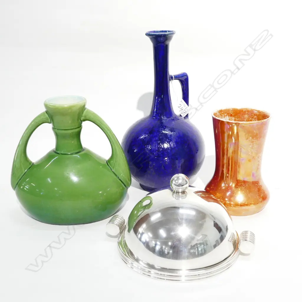 3 CERAMIC VASES AND ART DECO DOMED DISH (MINOR AF TO INTERIOR GLASS OF DISH) Image 1++