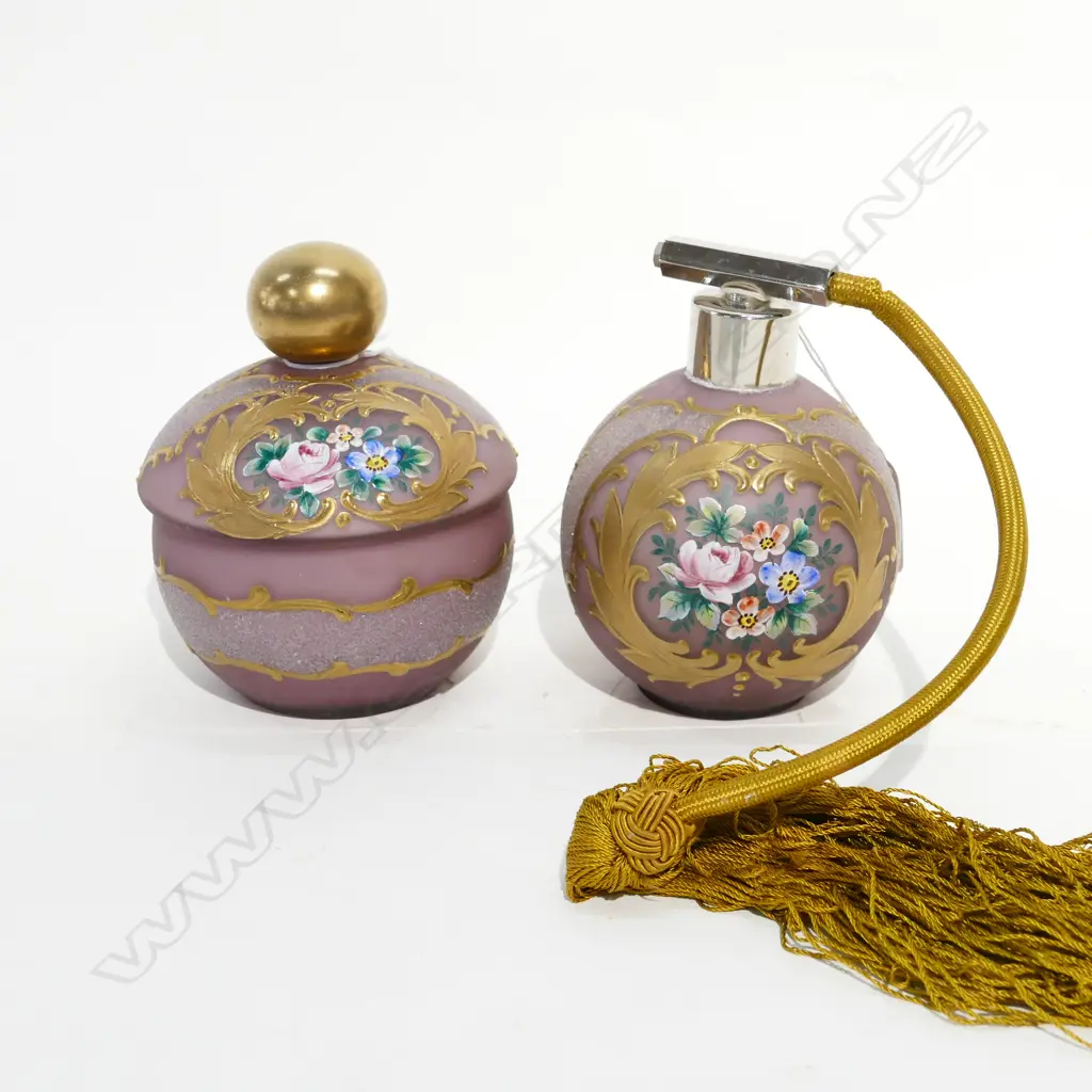ANTIQUE GILDED HANDPAINTED VANITY JAR AND PERFUME BOTTLE Image 1++