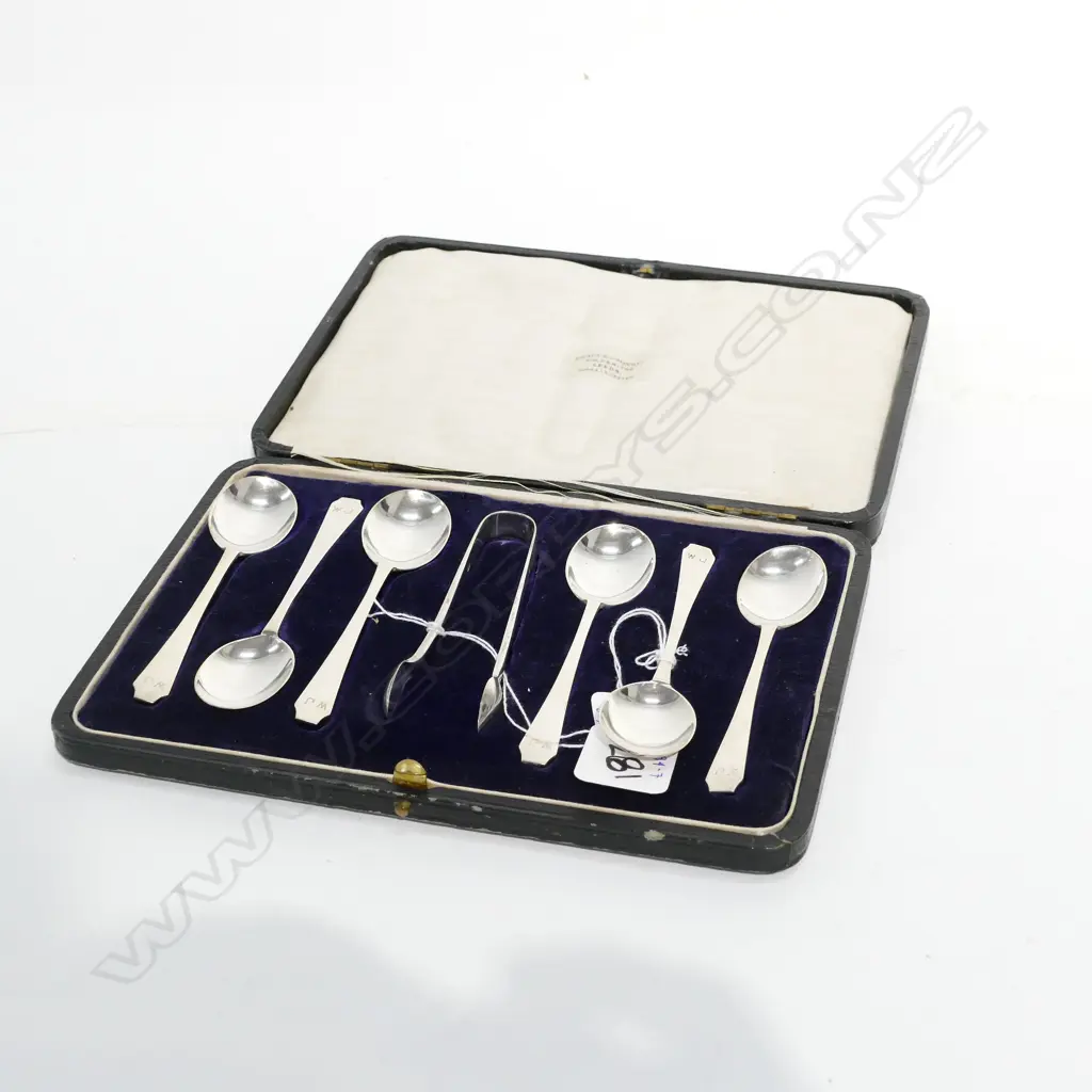 S/S BOXED SET 6 TEASPOONS AND TONGS LONDON 1923 Image 1++