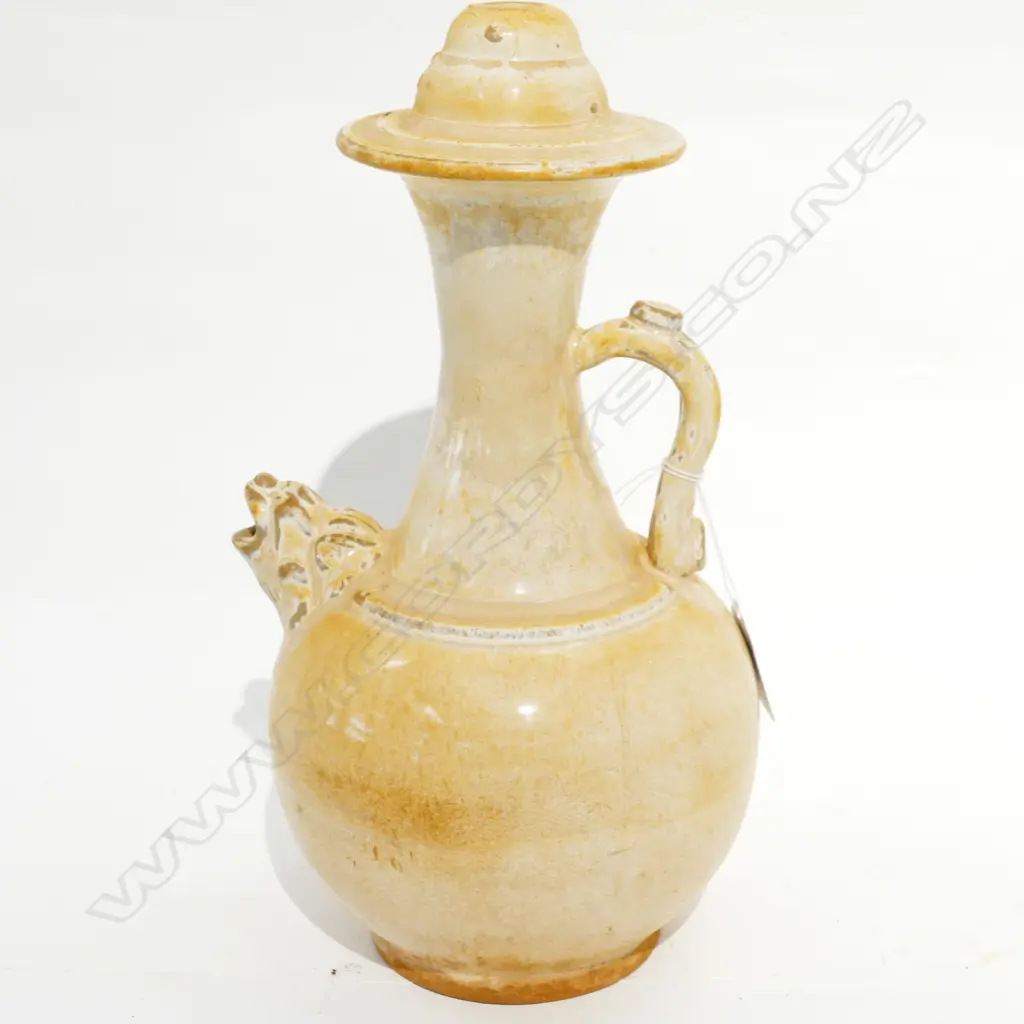 OLD STYLE CHINESE POTTERY FLASK TAN GLAZE H.270mm Image 1++