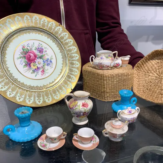 PAIR VICTORIAN BLUE GLASS CANDLESTICKS / PARAGON PLATE AND CONTAINER MINIATURE CHINA INCL ROYAL CROWN DERBY