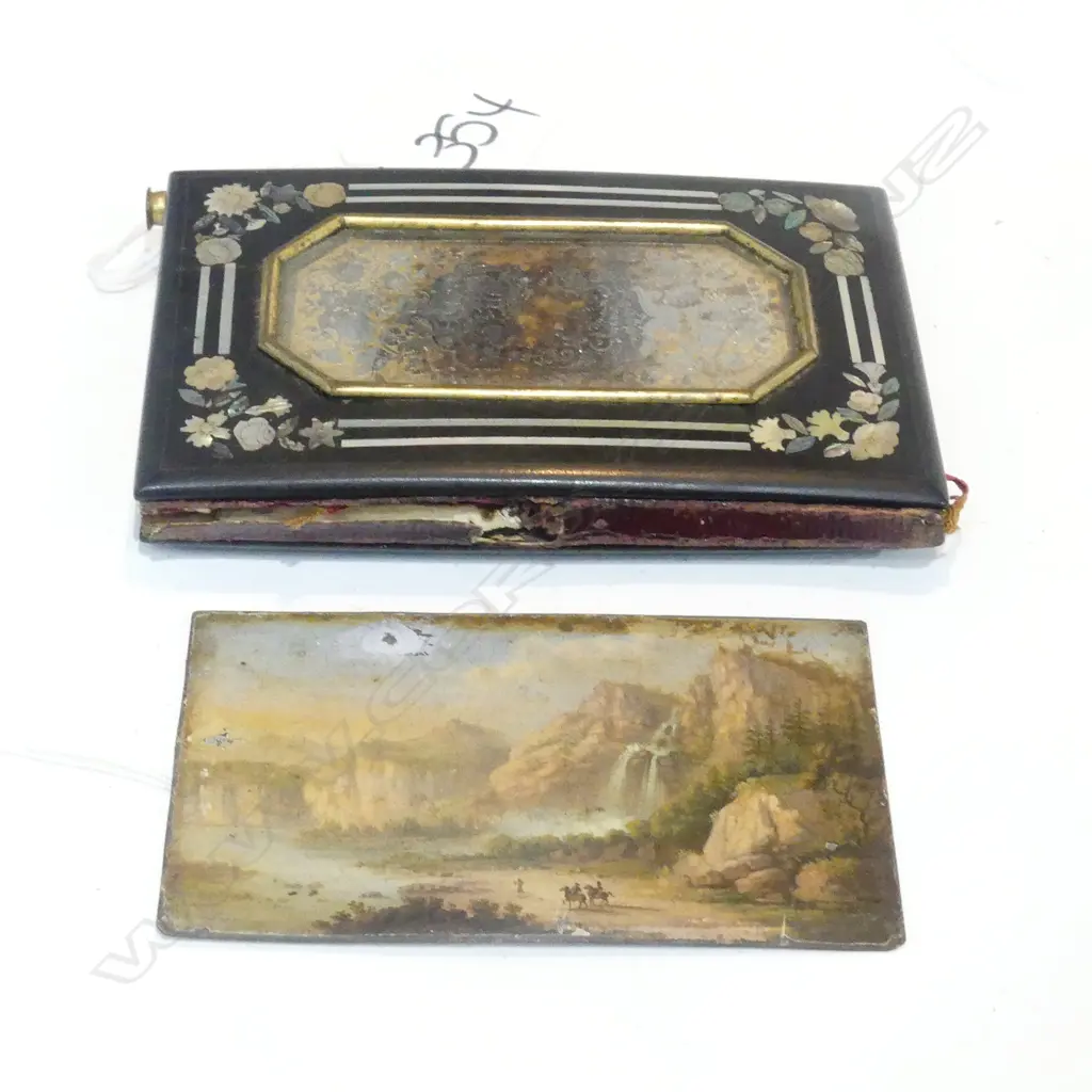 19TH. C. MINIATURE ON TIN - FINELY DETAILED W/ INLAY LACQUER COVERED NOTEBOOK Image 1++