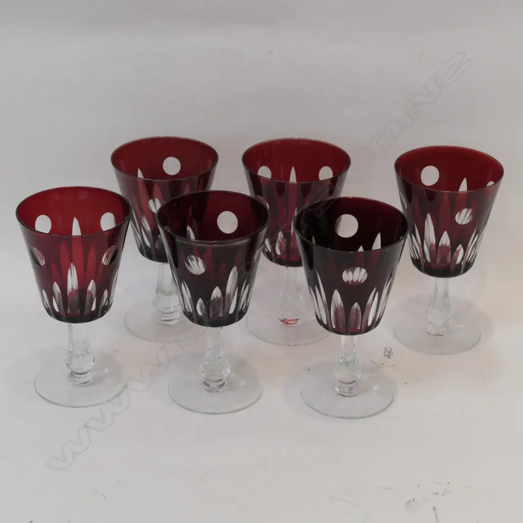 6 STEMMED CUT CRANBERRY WINE GLASSES Image 1++
