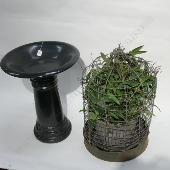 GARDEN BIRD BATH 550MM H AND ORCHID PLANT IN VINTAGE BIRD CAGE 