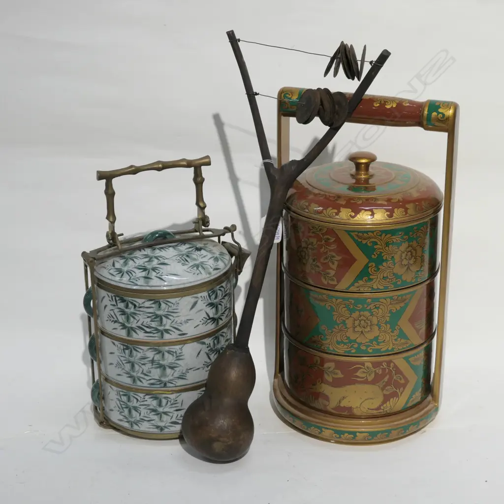 CEREMONIAL RATTLE, 2 ORIENTAL CANNISTER SETS AND RETRO CERAMIC PAGODA LAMP H 660MM Image 1++