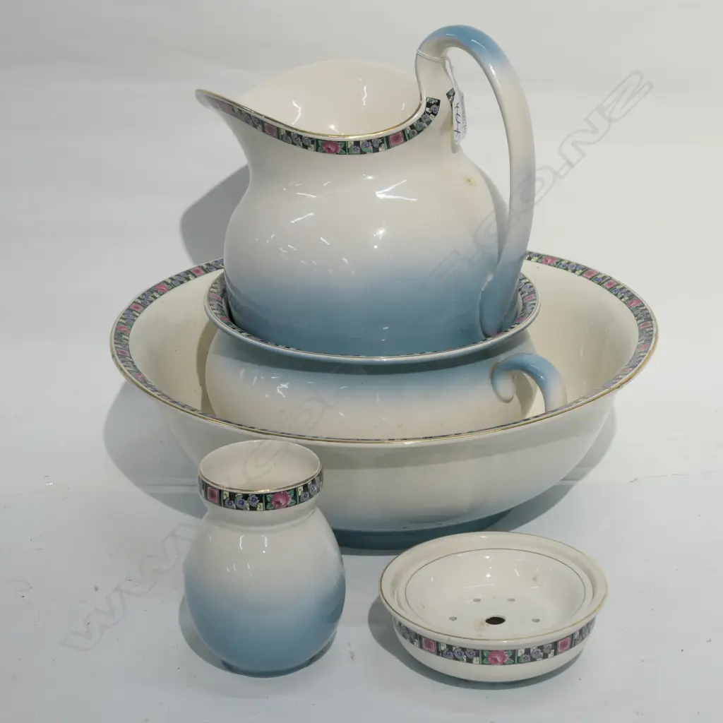TOILET SET; JUG, CAMBER POT, WASH BOWL, SOAP HOLDER, VASE Image 1++
