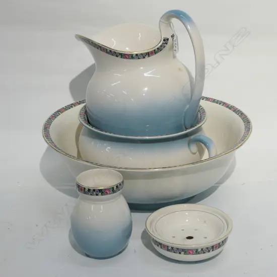 TOILET SET; JUG, CAMBER POT, WASH BOWL, SOAP HOLDER, VASE