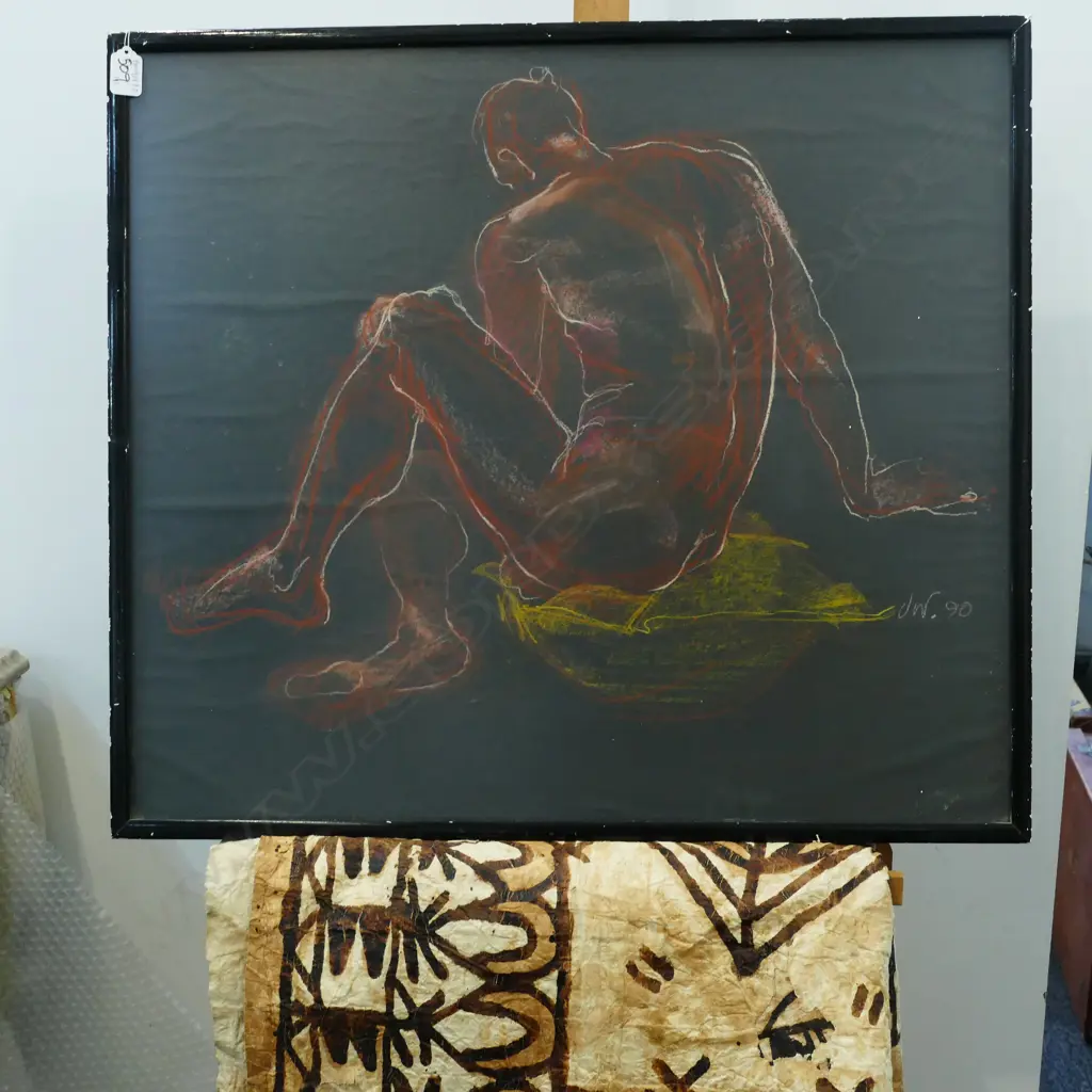 FRAMED PASTEL MALE NUDE 620MM H 700MM W AND TAPA CLOTH Image 1++