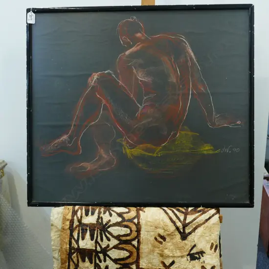FRAMED PASTEL MALE NUDE 620MM H 700MM W AND TAPA CLOTH