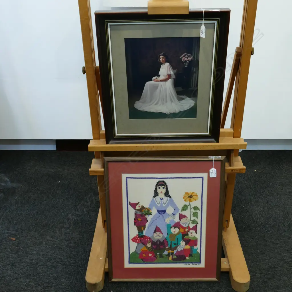 FRAMED WEDDING PORTRAIT AND NEEDLEWORK SNOW WHITE AND 7 DWARVES Image 1++