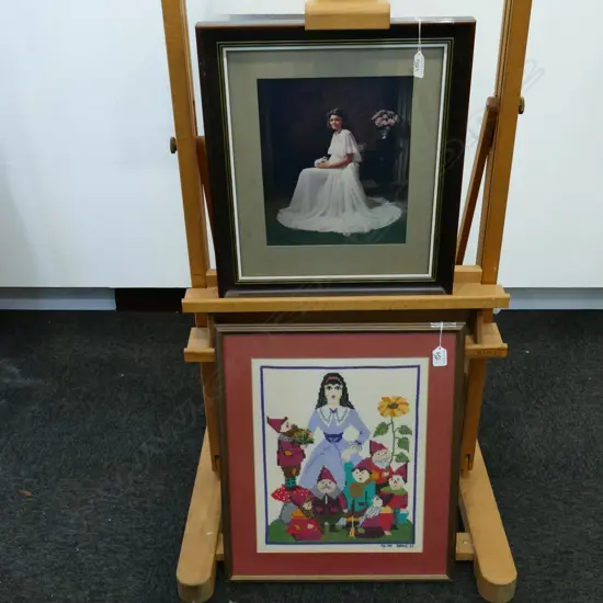FRAMED WEDDING PORTRAIT AND NEEDLEWORK SNOW WHITE AND 7 DWARVES