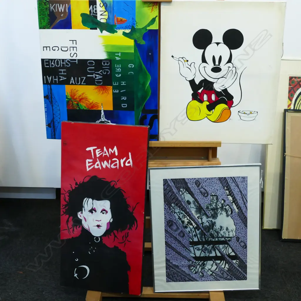 3 OIL PAINTINGS 'MICKEY MOUSE' 'TEAM EDWARD' BLUE NZ ABSTRACT AND M C ESCHER PRINT AND FRENCH POEM POSTER Image 1++