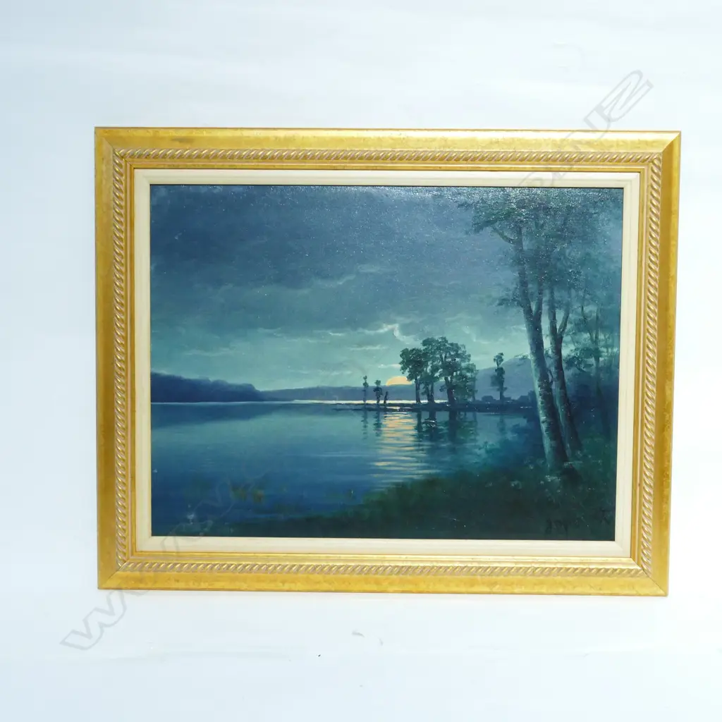 J. D PERRET LAKE DUSK SCENE OIL LANDSCAPE 370 X 495 Image 1++