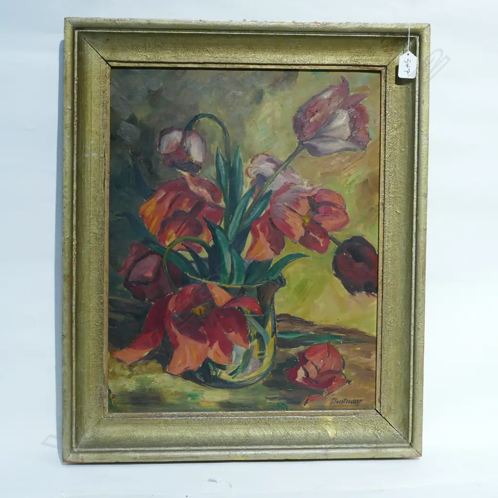 T. FURTMAYR (1930S) TULIPS STILL LIFE, OIL ON BOARD, FRAMED Image 1++