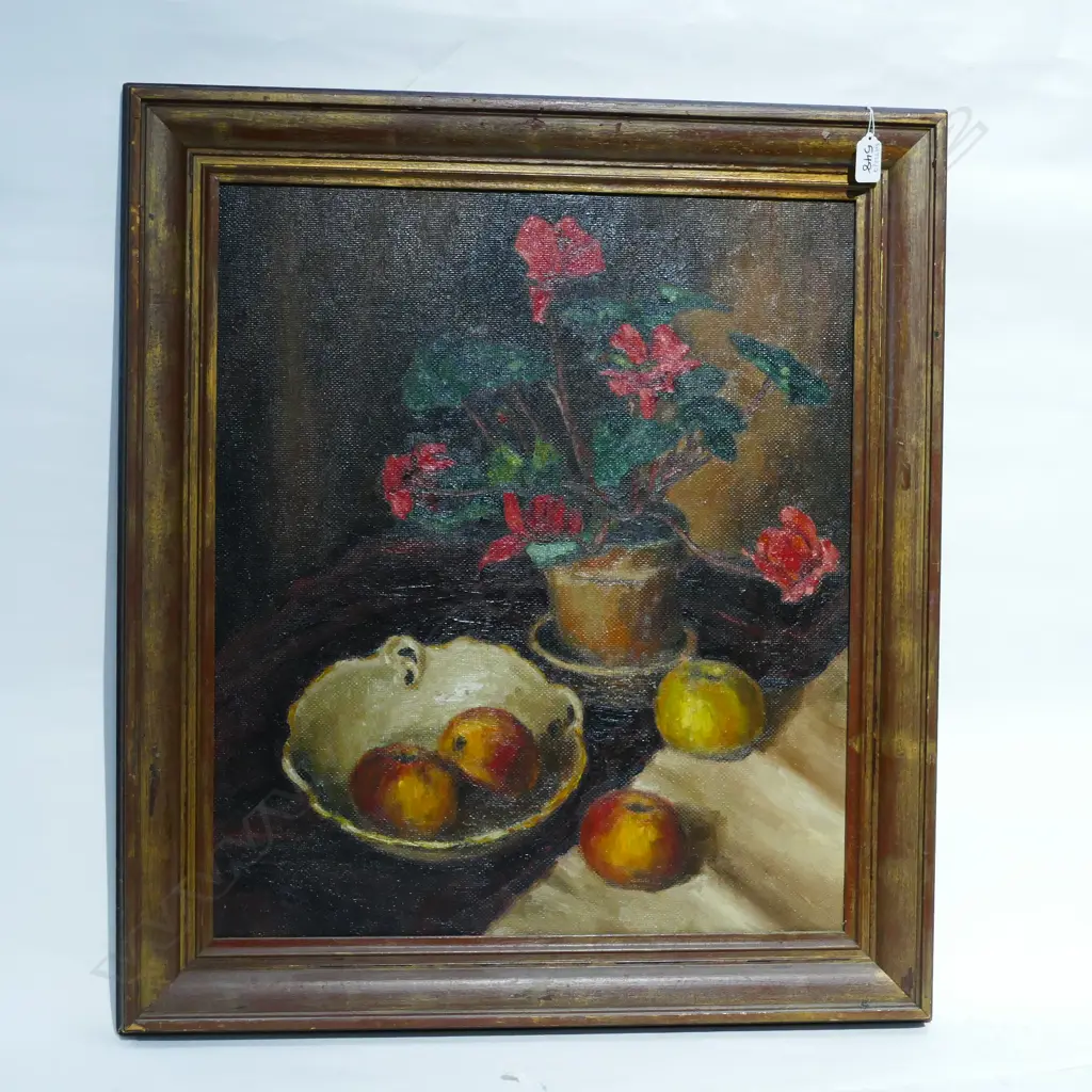 MOHNBLUMEN, STILL LIVE WITH ALPINE FLOWERS & APPLES, OIL ON BOARD, C. 1920-50S, 700 X 620 (INCL. FRAME) Image 1++