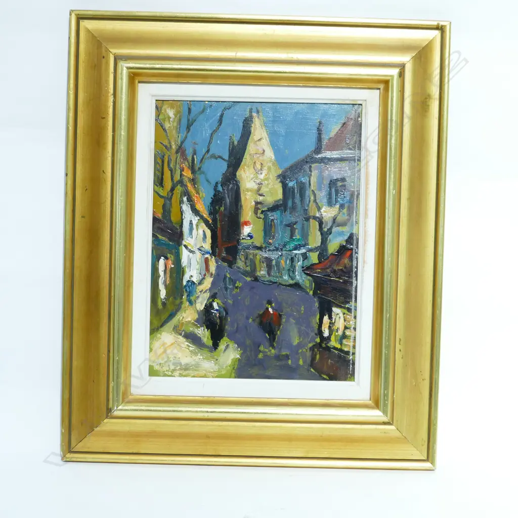 SMALL EUROPEAN STREET SCENE, OIL ON BOARD, FRAMED Image 1++