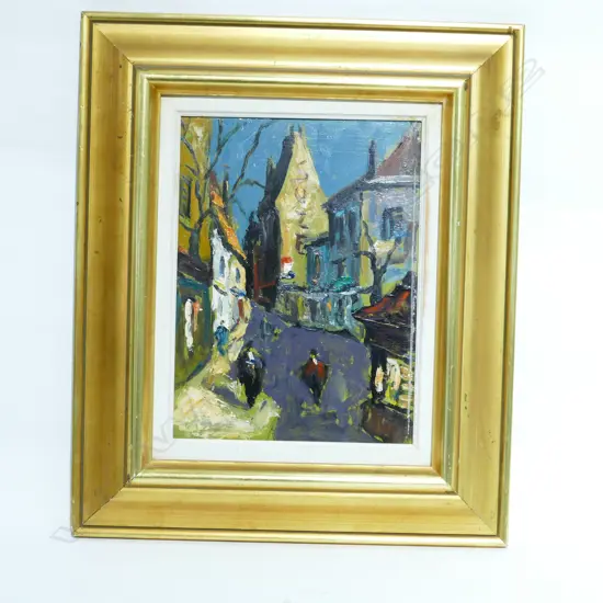 SMALL EUROPEAN STREET SCENE, OIL ON BOARD, FRAMED