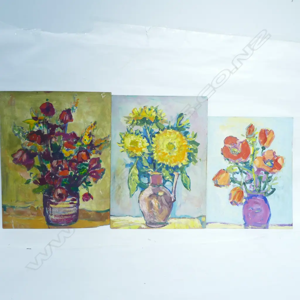 3 IMPRESSIONIST FLORAL STILL LIFE PAINTINGS BY K. SOMMER, ON BOARD, UNFRAMED, 1960-70 Image 1++