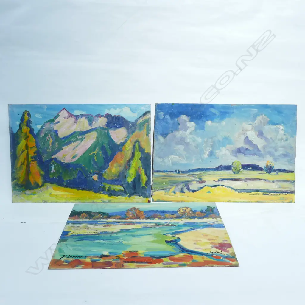 3 IMPRESSIONIST LANDSCAPES BY K. SOMMER, ON BOARD, UNFRAMED, 1960-70 Image 1++