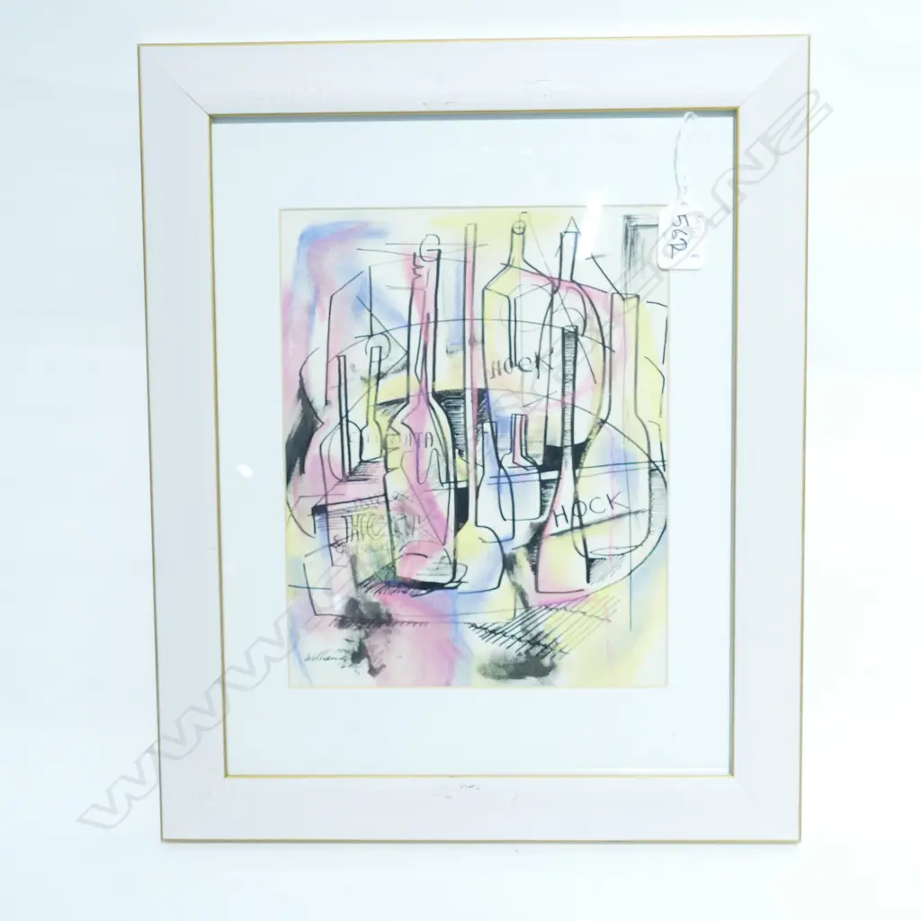 WILLIAMS (MERVYN?) INK & BODY COLOUR DESIGN WITH WINE BOTTLES, SIGNED WILLIAMS DATED '61. 245 x 195mm Image 1++