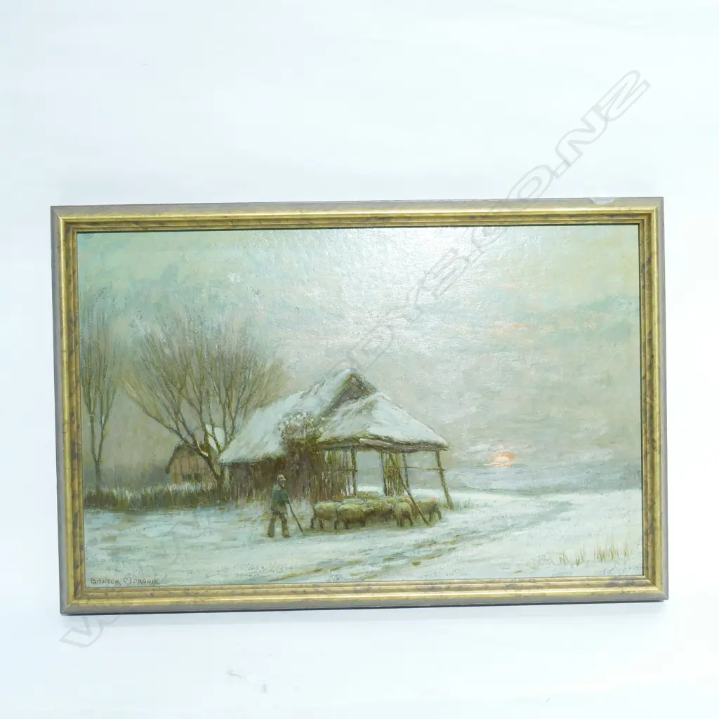 OWEN BAXTER MORGAN (UK, act.1905-1932), SHEPHERD WITH FLOCK, WINTER, SURREY, OIL ON BOARD. 270 x 440mm Image 1++