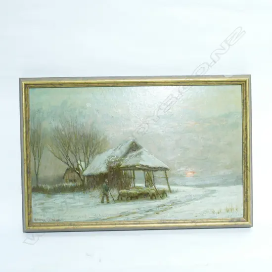 OWEN BAXTER MORGAN (UK, act.1905-1932), SHEPHERD WITH FLOCK, WINTER, SURREY, OIL ON BOARD. 270 x 440mm