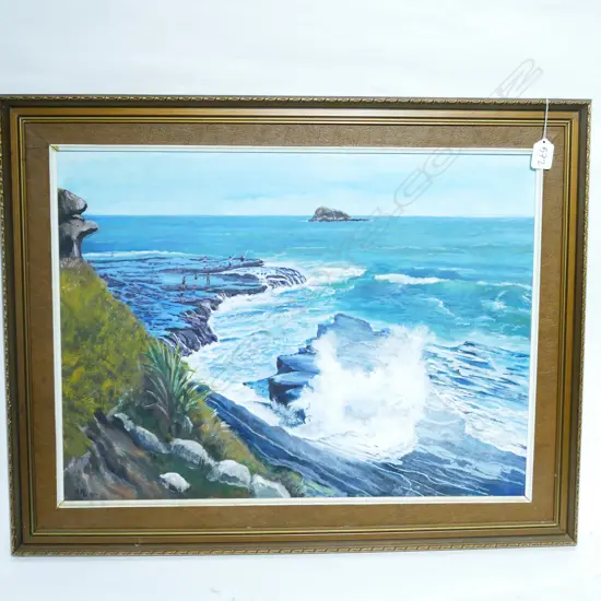 B.MILNE, OIL ON BOARD, ROCK FISHING NEAR RAGLAN. SIGNED. 430 x 585mm